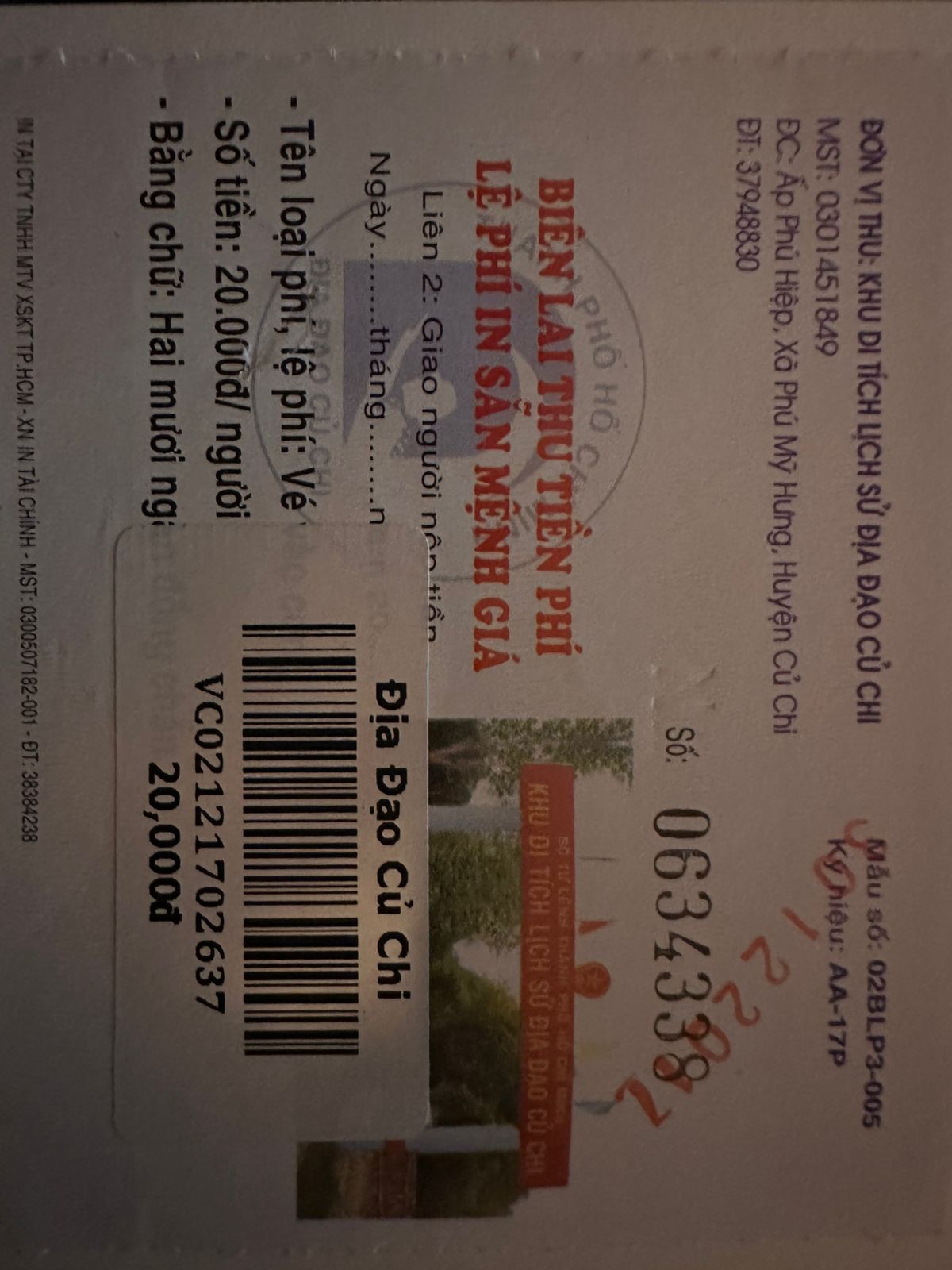 Ticket de entrada a los túneles de Cu Chi